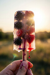 Hand Holding Berry Popsicle Against Golden Sunset Light