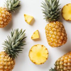 AI-generated image - Top view of fresh whole and sliced pineapples on a white background. 