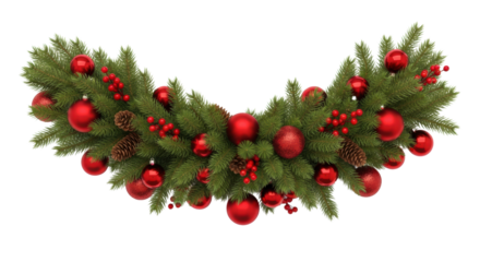 A festive christmas garland with red ornaments, berries, and pinecones isolated on a transparent background with ample copy space, elegant holiday decoration concept