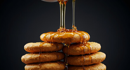 Sweet golden honey pouring over a stack of freshly fried donuts on a dark background