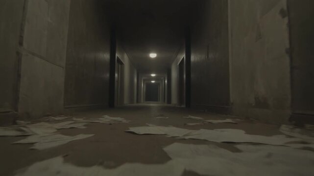 Creepy dark hallway with scattered papers on the floor and illuminated ceiling lights, suggesting mystery and suspense for horror or investigation themes.