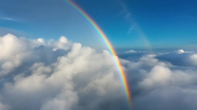 Spectacular rainbow arcs over fluffy white clouds against a vivid blue sky offering a sense of hope and wonder ideal for inspirational and meteorological themes.