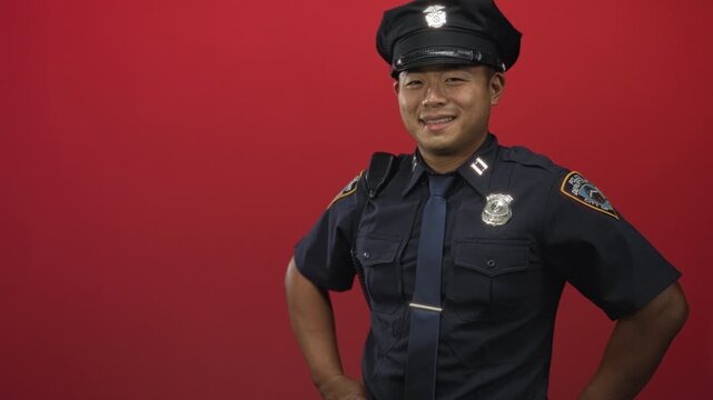 Chinese policeman in uniform and cap stands with hands on hips and visible badge in studio with red wall; confidence.