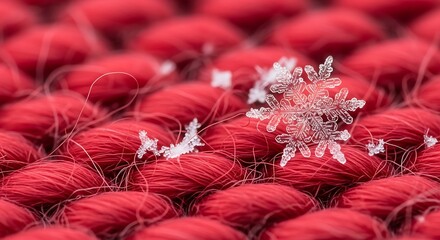 Intricate snowflake rests upon vibrant red textured fabric in macro detail