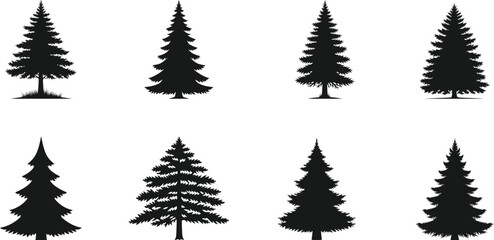 Naklejka premium Set of eight evergreen tree silhouettes for design elements