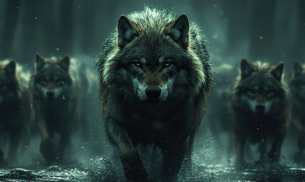 Intense grey wolf with piercing golden eyes leading its determined pack
