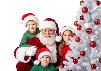 Jolly santa claus with two cute caucasian children peeking from behind a white christmas tree on a transparent background. Concept of christmas joy and family