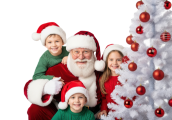 Jolly santa claus with two cute caucasian children peeking from behind a white christmas tree on a transparent background. Concept of christmas joy and family
