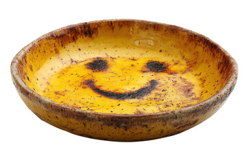 Smiley Face Food Art in Rustic Yellow Bowl Burnt Food Dessert Presentation Novelty Serving Dish