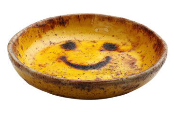 Smiley Face Food Art in Rustic Yellow Bowl Burnt Food Dessert Presentation Novelty Serving Dish