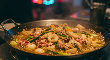 Authentic Asian Hotpot Cooking: Sliced Meat, Fresh Vegetables, and Bubbling Broth
