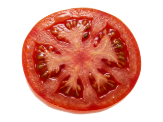 Close up view of a fresh tomato slice showing internal structure. isolated on transparent background