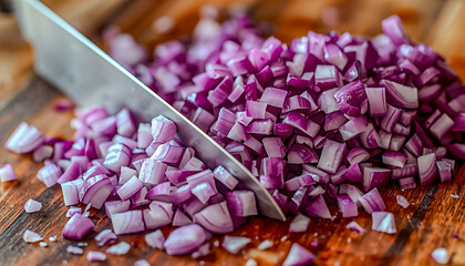 Knife chopping vivid purple onion cubes, sharp texture details, small pieces scattered around.