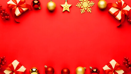 A vivid red festive background decorated with golden ornaments, stars, holiday elements, and gift boxes along the border. Great for Christmas ads, greeting cards, and seasonal creative projects.