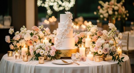 Elegant, tiered white cake with floral decorations, lit by candles and surrounded by flowers