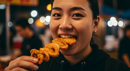 Smiling Asian woman enjoying fried street food on a skewer at a vibrant night market, capturing authentic culinary delight.