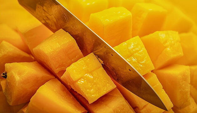 Knife cutting through a bright yellow mango, juicy texture and clean grid pattern forming on the flesh. - Powered by Adobe