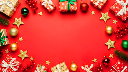 Bright red Christmas background adorned with gift boxes, golden stars, ornaments, and holiday decorations forming a frame around the edges. Perfect for festive banners and seasonal design projects