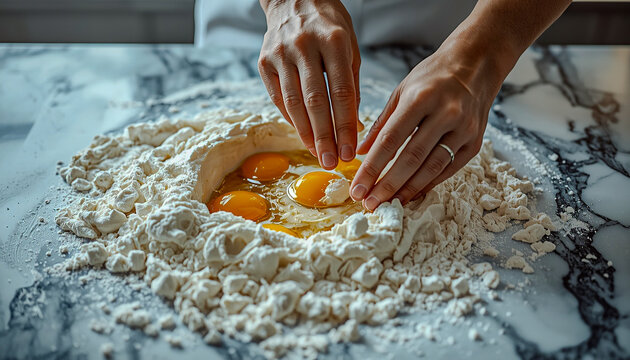 Eggs cracked into a well of flour, hands mixing into a smooth dough on a marble countertop. - Powered by Adobe