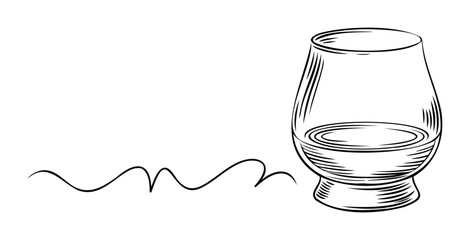 Simple handdrawn sketch of a whiskey glass with liquid and wavy lines suggesting movement or aroma, perfect for beverage advertising or lifestyle content creation.