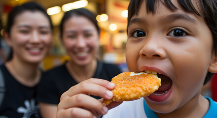 Happy Asian boy enjoying a fried snack, with smiling family in the blurred background at a lively market.