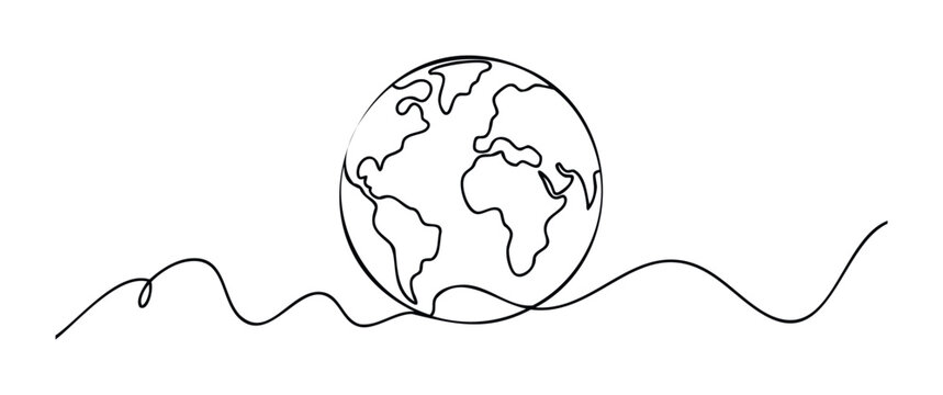 Abstract globe with continuous line drawing continents and flowing wavy line below, perfect for global concepts and environmental themes in media.