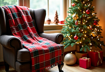 A cozy holiday: an armchair with a plaid blanket next to a small Christmas tree.