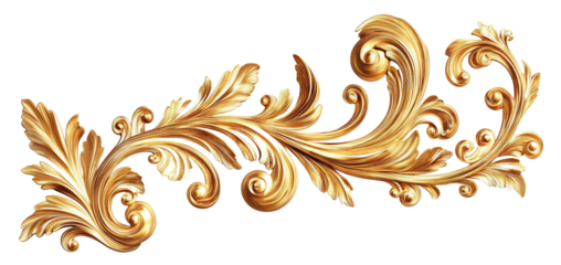 Golden baroque decorative floral ornament, isolated on transparent cutout background