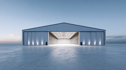 Industrial Structure: A modern industrial building stands with its doors open, bathed in the soft glow of interior lighting, the structure epitomizes spacious design and streamlined functionality. 