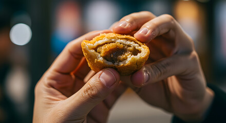 Close-up of golden deep-fried savory snack held in hands, revealing delicious filling. Popular street food or appetizer.
