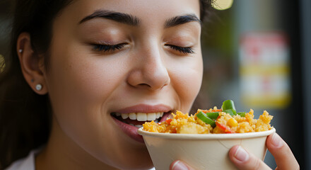 Smiling young woman savoring delicious healthy food in a bowl, eyes closed in delight