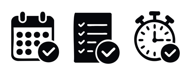 Set of three icons representing a completed calendar, checklist, and stopwatch, perfect for project management and time tracking applications.