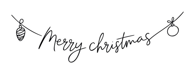 Festive hand drawn calligraphy text Merry Christmas adorned with delicate string lights and hanging ornaments perfect for holiday greeting cards and seasonal promotions