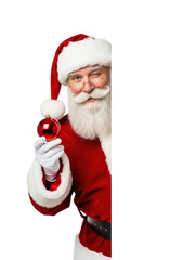 A jolly caucasian santa claus winking and peeking from behind a blank white board holding a red bauble against a studio background with copy space. Christmas advertising concept