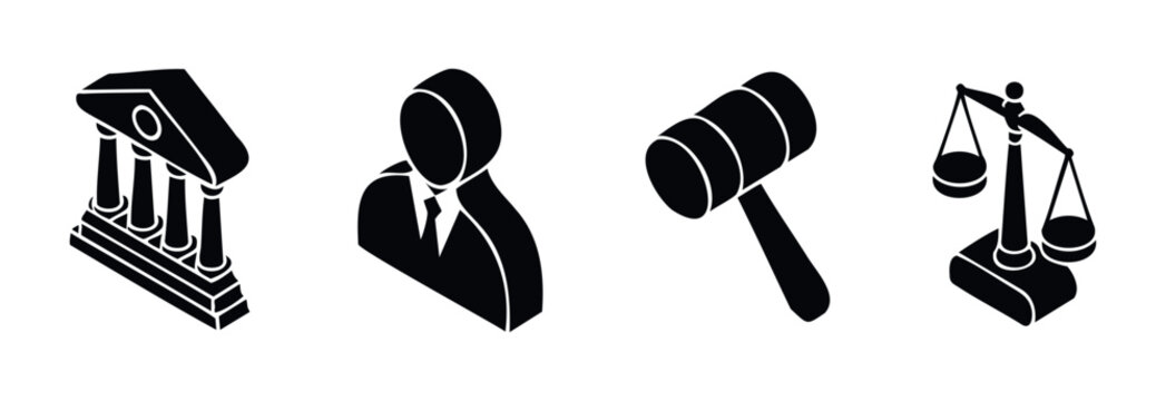 Collection of isometric law and justice icons including courthouse, lawyer, gavel, and scales of justice for legal concepts and services