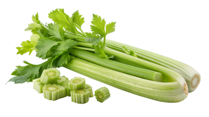 Low-calorie, low-fat, and hydrating vegetable celery rich in vitamin K, vitamin A, vitamin C, folate, and potassium isolated on transparent background