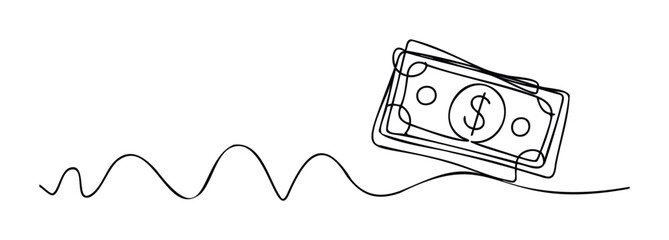 Conceptual line drawing of folded dollar bills with a flowing wavy line representing financial movement or instability, suitable for finance and business themes.