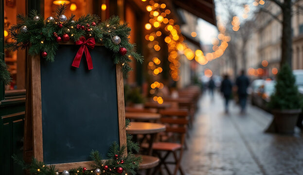 Christmas chalkboard blank sign with festive decorations in front of cafe