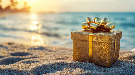 Golden gift box with a bow placed on sandy beach near the ocean waves. The scene evokes celebration, luxury, beach holidays, surprises, gifts, festive moments, summer, and serene coastal beauty.