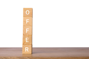 Vertical stack of wooden blocks with word offer for promotion and discount concept, isolated on transparent background