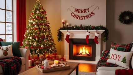 Decorated christmas tree fireplace festive holiday scene