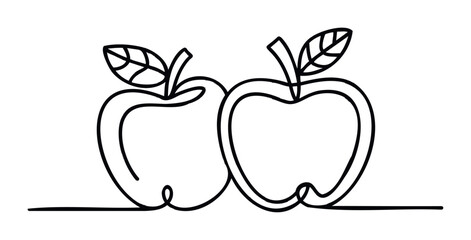 Two simple outline apples with leaves and stems on a single line surface, representing healthy eating and organic produce for food and nutrition related projects.