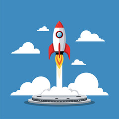 Startup Rocket Launching into Blue Sky - Business Growth and Innovation Concept