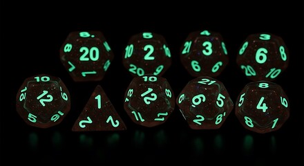 Collection of glowing green polyhedral dice illuminated in darkness for tabletop role playing games