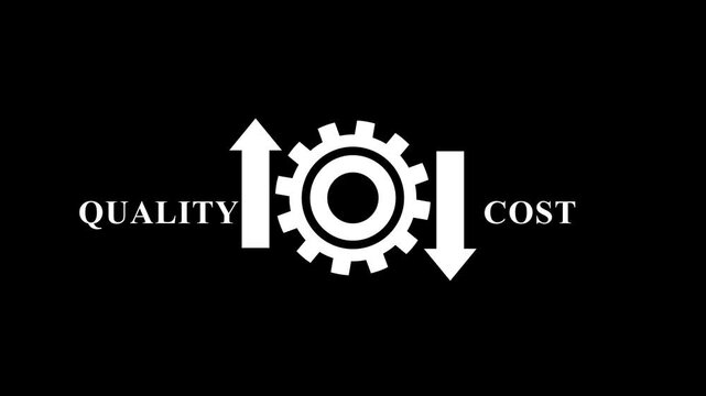 Quality improvement and cost reduction animation, white gear mechanism with upward arrow for quality and downward arrow for cost, business efficiency concept on black background