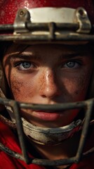 Close-up portrait of young female football player with red helmet