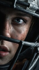 Close-up portrait of female football player with helmet