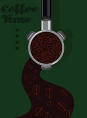 background templates coffee with portafilters and flow of coffee beans in dark green background for invitations, cards, banner, brochure, poster, cover, cafe menu