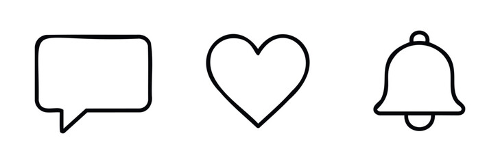 Collection of simple line icons representing social media interactions like comments, likes, and notifications, perfect for app interfaces and web elements.