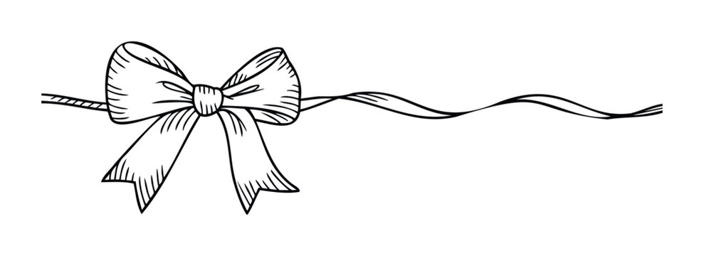 Hand drawn black and white bow with flowing ribbon for gift wrapping, celebrations, and festive decorations, offering a classic and elegant touch to any project.